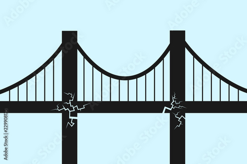 Bridge in poor condition. Danger and risk of failure, breakdown and collapse. Trouble and problem of deteriorated and bad transport building and infrastructure. vector illustration