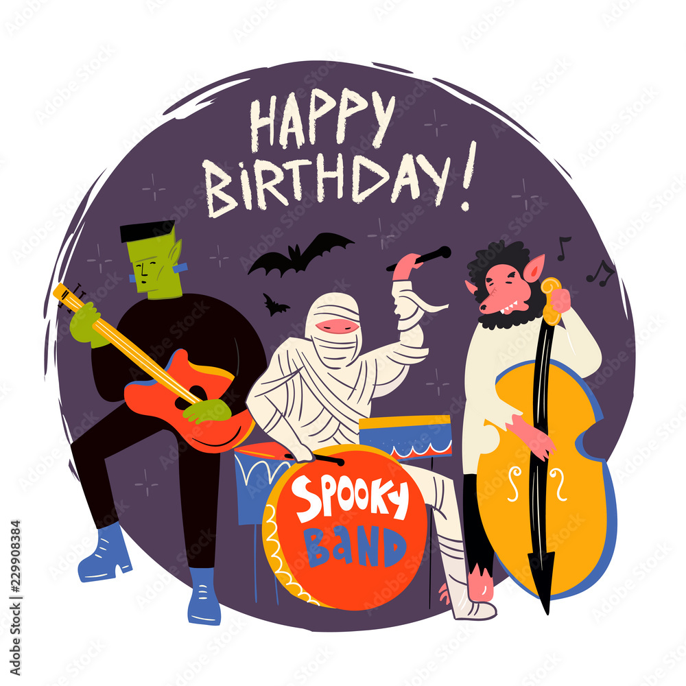 Halloween monsters music band. Hand drawn vector illustration. Happy