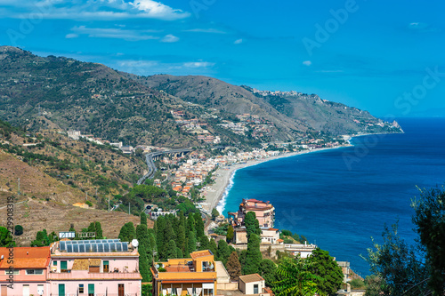Beach view from Taormina. Taormina has been main tourist destination in Sicily since the 19th century. Taormina, Sicily, Italy.