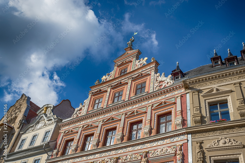 Facade of historic Renaissance house in the Fischmarkt. City center. Erfurt, Germany
