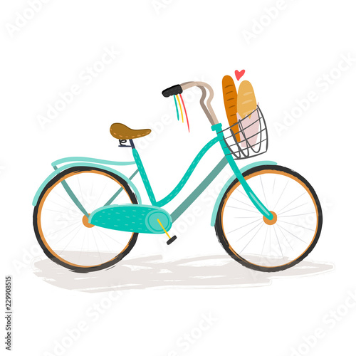 Hand drawn retro bicycle with baguettes. Colored vector illustration