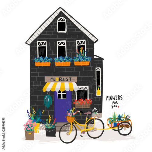 Flower shop and bicycle. Hand drawn vector illustration