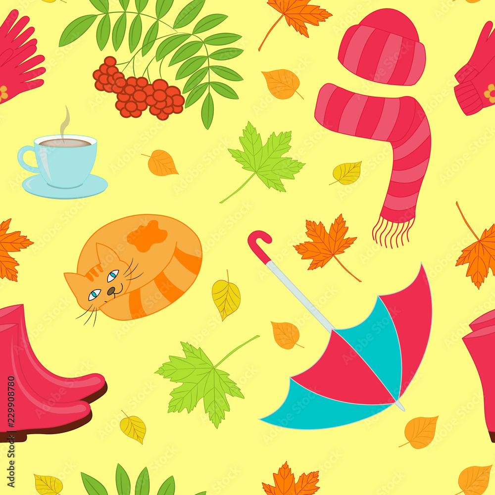 Vector seamless background on autumn theme on yellow background