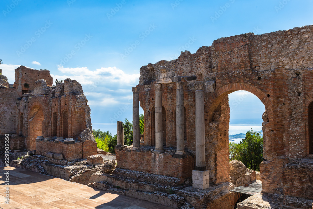 Ruins of the ancient greek theater of Taormina, Sicily, Italy.