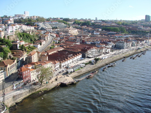 Landscape from the bird's eye view of buildings and streets of the city of Porto on the banks of the river against the blue sky.