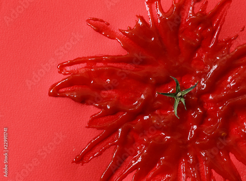 tomato ketchup sauce on a red background photo