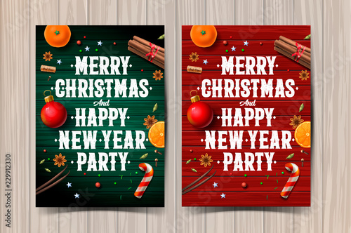 Merry Christmas and Happy New Year party design template, poster with vintage background with typography and spices, vector illustration.