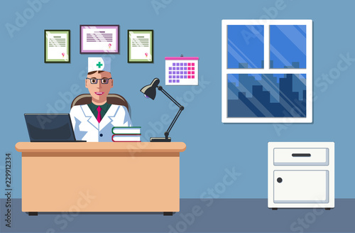 The illustration of a doctor who is sitting in his office and working. The doctor's office. The interior design. The doctor's appointment. photo