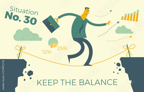 Flat design illustration for presentation, web, landing page: businessman ropewalker walks through the abyss along a rope.