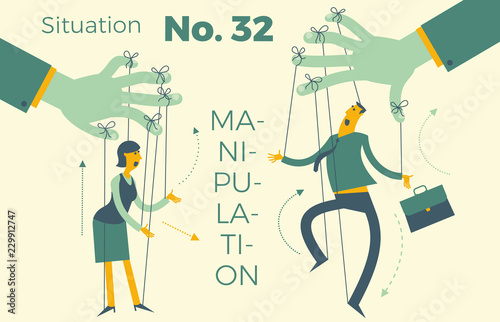 Flat design illustration for the presentation, web, landing page: man and woman dancing puppets in the hands of the chief.