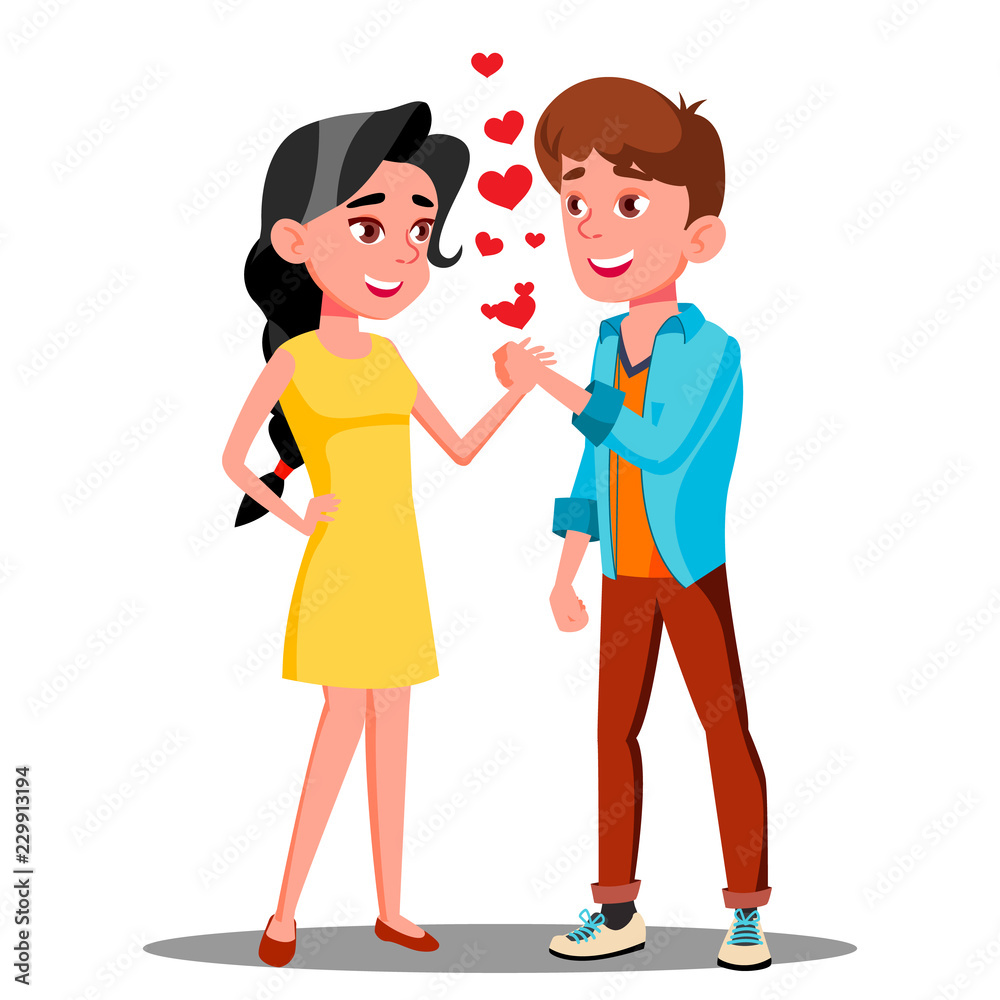Teens Boy And Girl Holding Hand Together, Romantic Moment Vector. Isolated Illustration