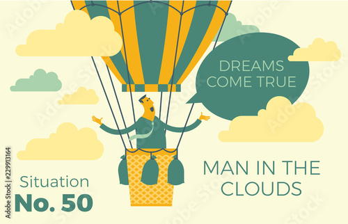 Flat illustration for presentation, web, landing page: businessman dreamer flies on a balloon high in the sky among the clouds.