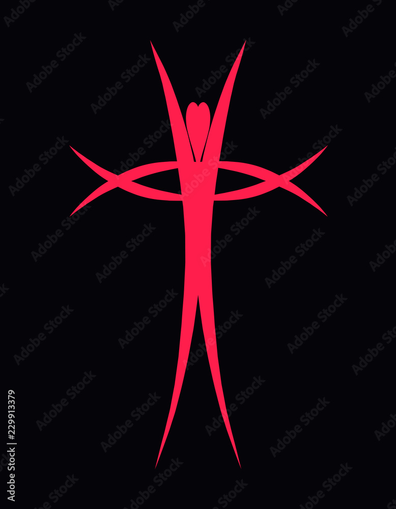 Abstract man uplift hands, cross and heart