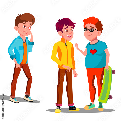 Sad Boy Alone Among A Friends Teenagers Vector. Isolated Illustration