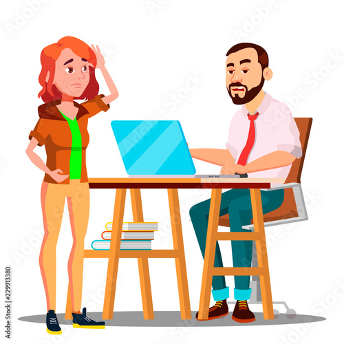 Confused Student Takes An Exam To Angry Teacher Vector. Isolated Illustration
