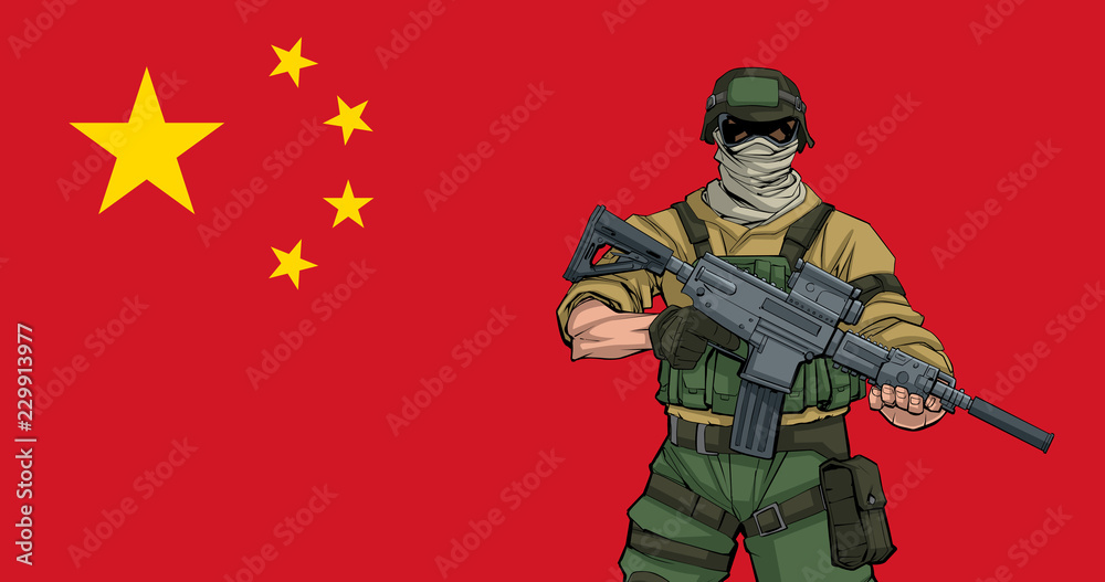 Fototapeta premium Illustration of Chinese soldier with the flag of China in the background. 