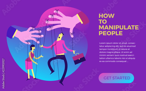 Business infographics with illustrations of business situations. Businessman and businesswoman puppet dolls are controlled by the hands of the strings. Manipulation of company. Political influence. 