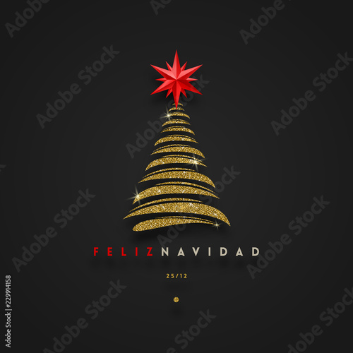 Feliz navidad - Christmas greetings in Spanish - abstract glitter gold christmas tree with red star. Vector illustration