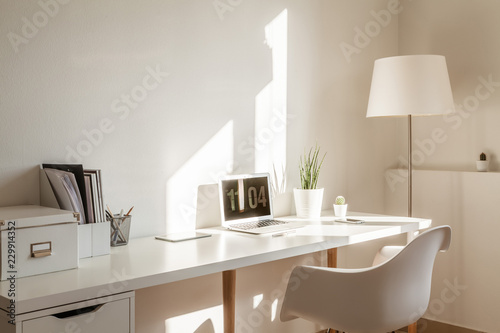 Modern hipster workplace. Small white office with table, chair, notebook, plant and floor lamp