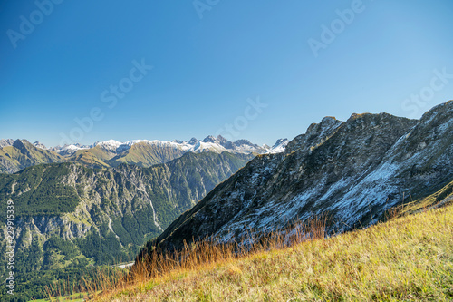 View to Schlappoldkopf with Snow and high grass in Autumn mood / Bavaria