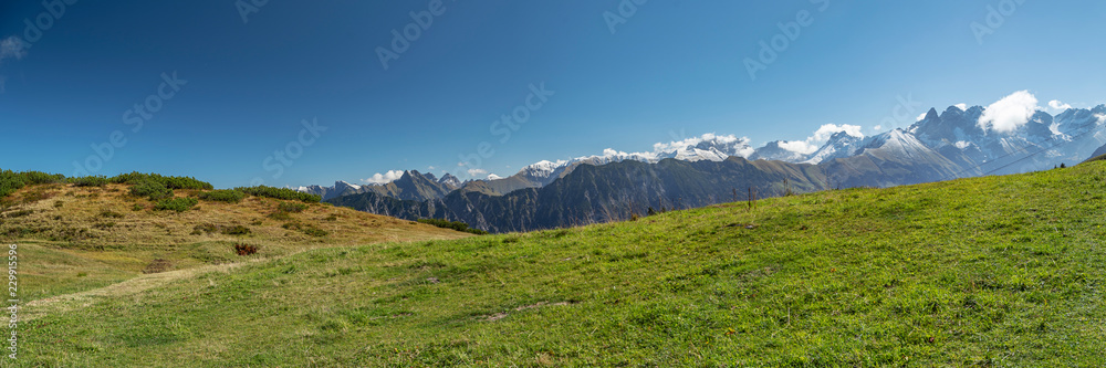 Panorama of Alps at Hiking trail from Schlappold-Lake to Soellereck at Bavaria / Germany