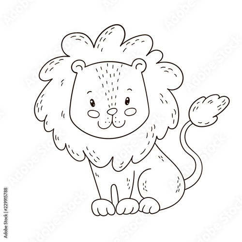 Cute cartoon lion. Coloring book page for children. Black and white outline illustration.