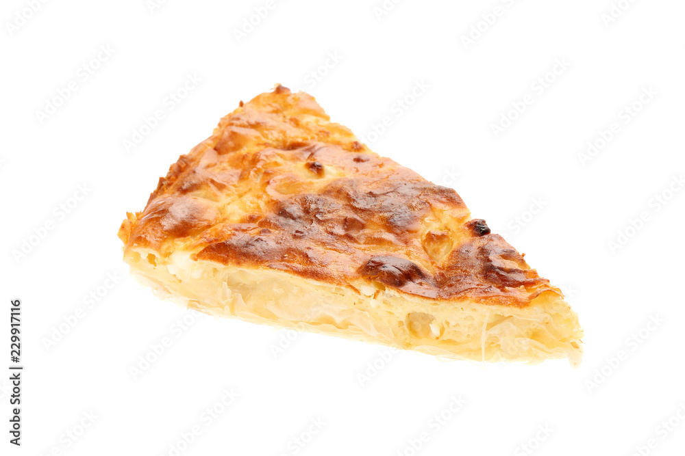 Slice of delicious, traditional Bulgarian breakfast, called Banitsa or Banica, isolated on white background. Banitza is made of filo dough with whisked eggs and white cheese filling between the sheets Slice of delicious, traditional Bulgarian breakfast, called Banitsa or Banica, isolated on white background. Banitza is made of filo dough with whisked eggs and white cheese filling between the sheets