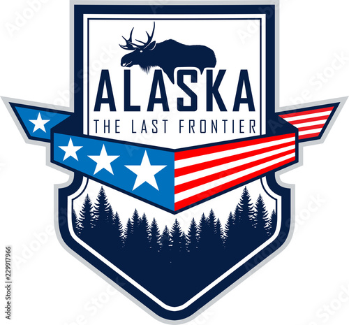 Alaska vector label with flag, woodland forest and moose