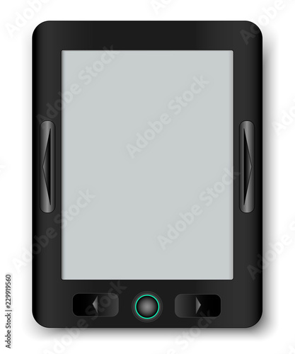 Electronic device for reading electronic books with a special screen. The emblem are invented. Vector illustration.