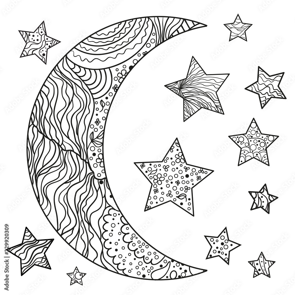 Crescent on white. Moon and stars with abstract patterns on isolation  background. Zentangle. Design for spiritual relaxation for adults. Black and  white illustration for anti stress colouring page Stock Vector | Adobe