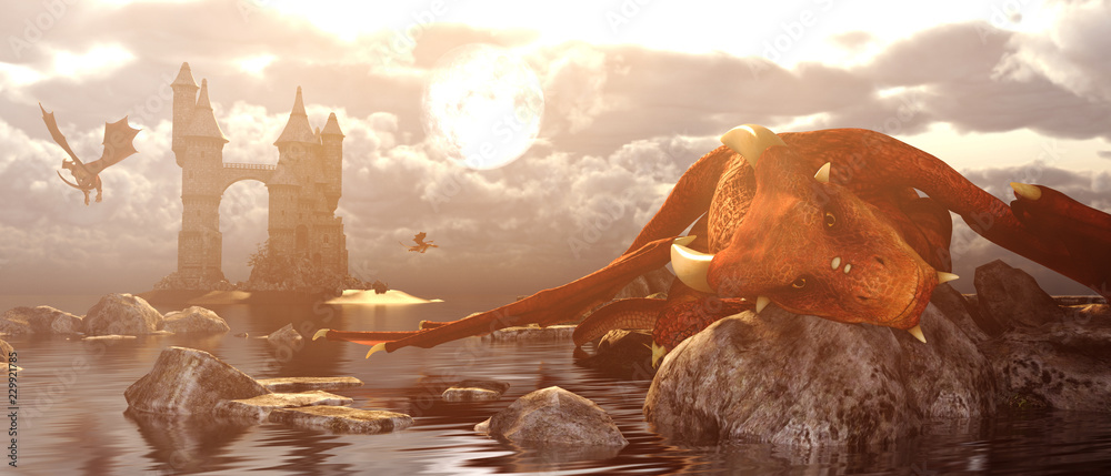 Fototapeta premium 3d Fantasy smok spoczywa na skale, kiedy odpływ w mitycznej wyspie, koncepcja i pomysły banner fikcji