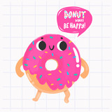 Donut worry, be happy. Colored vector illustration. Checked background