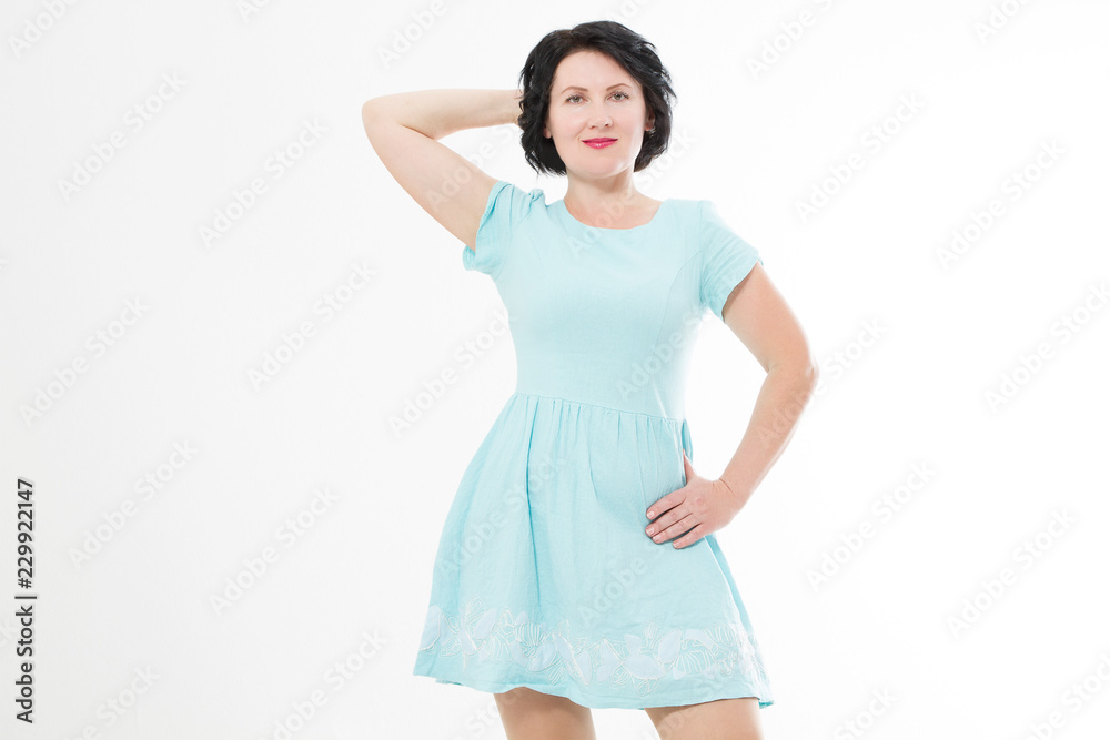 Happy middle age woman in fashion template blank dress with make up isolated on white background. Copy space Happy middle age woman in fashion template blank dress with make up isolated on white background. Copy space