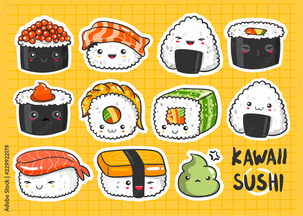 Hand drawn various kawaii sushi stickers. Colored vector set. All ...