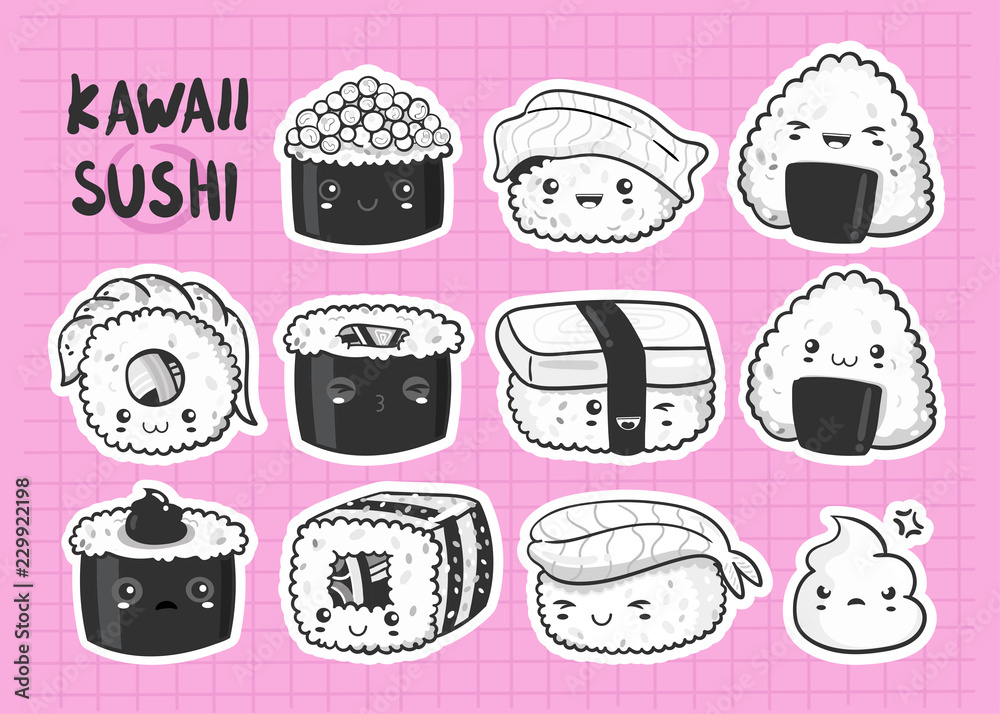 Hand drawn various kawaii sushi stickers. Black and white vector set. All  elements are isolated. Pink background vector de Stock | Adobe Stock