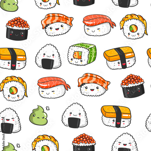Hand drawn various kawaii sushi. Colored vector seamless pattern