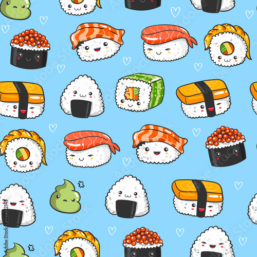 Hand drawn various kawaii sushi. Colored vector seamless pattern. Blue background