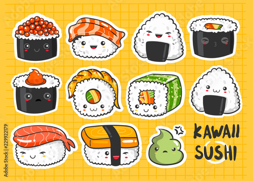 Hand drawn various kawaii sushi stickers. Colored vector set. All elements are isolated. Yellow background