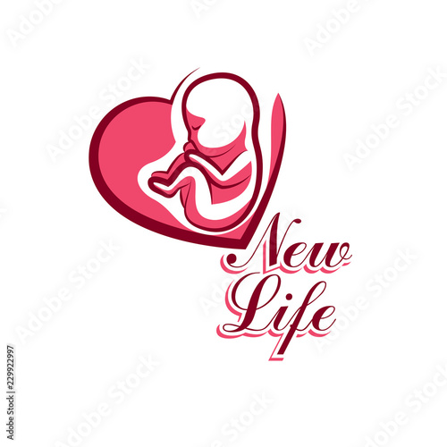 Vector embryo emblem placed in a heart shape. New life beginning drawing. Medical rehabilitation and childcare center emblem