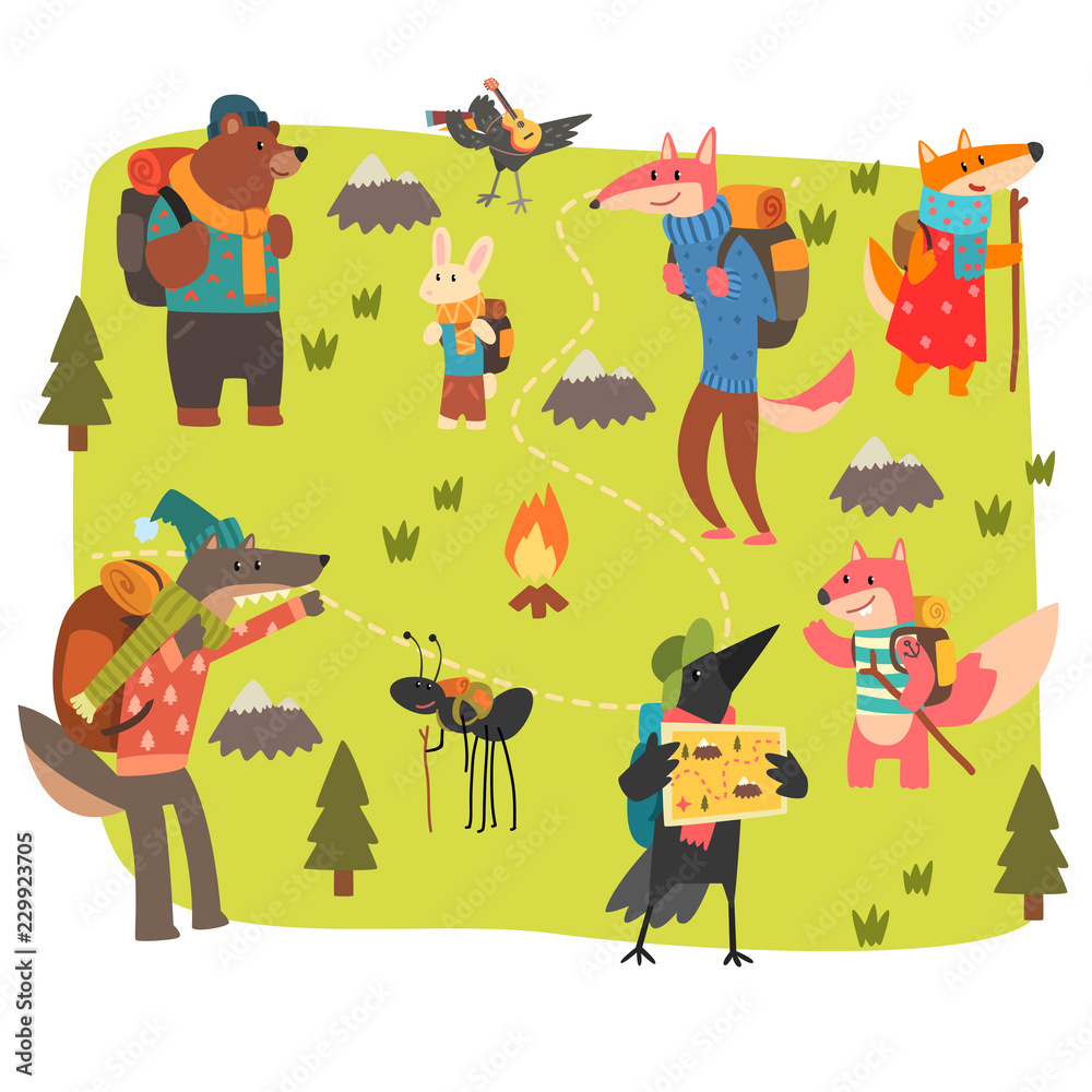 Fototapeta premium Animals travelling and camping set, cute animals and birds characters having hiking adventure travel vector Illustration