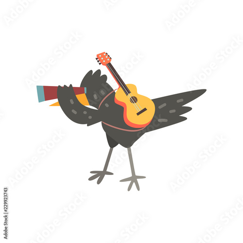 Raven travelling with guitar and spyglass, cute cartoon bird having hiking adventure travel or camping trip vector Illustration on a white background