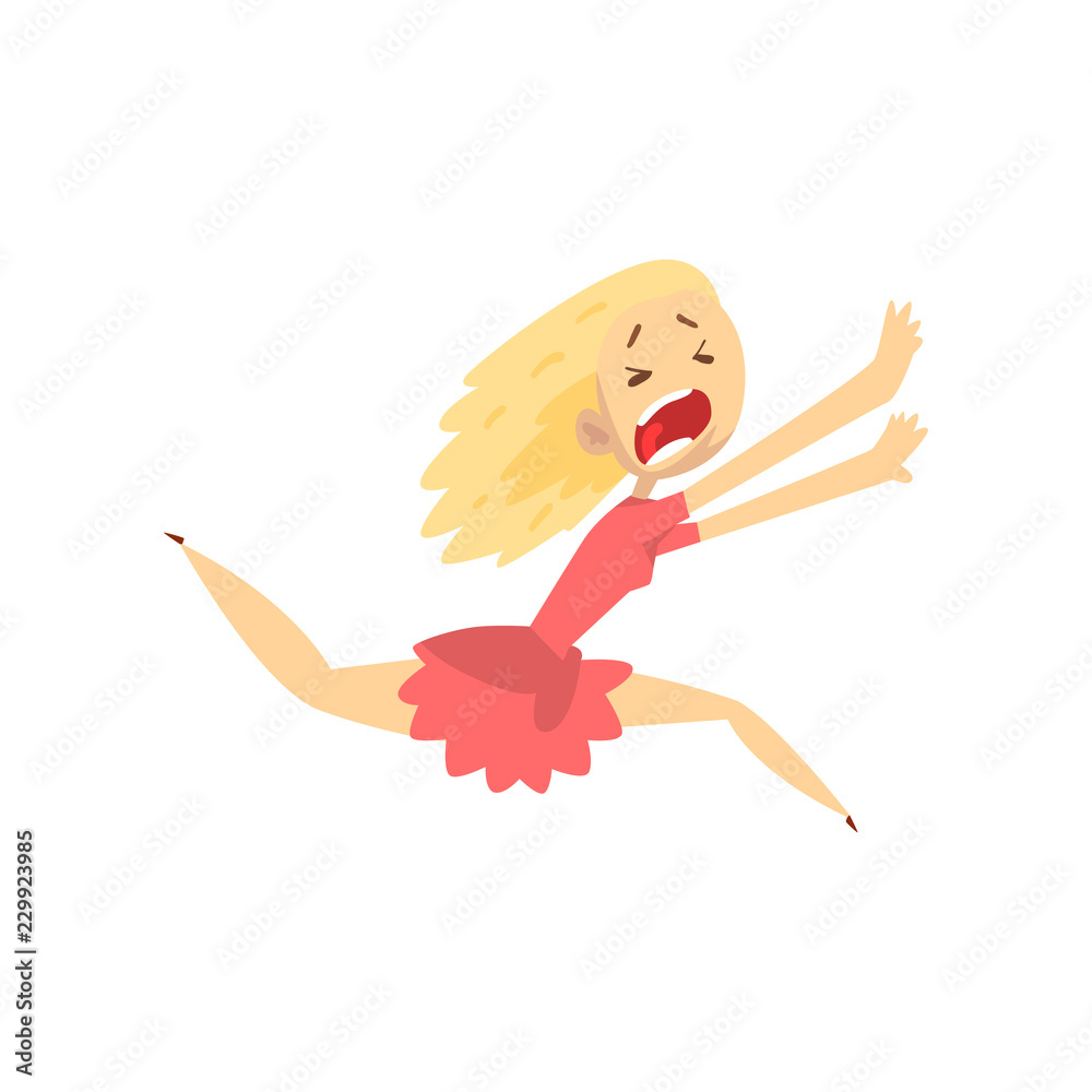Scared and panicked girl running and shouting, emotional young woman afraid of something vector Illustration on a white background