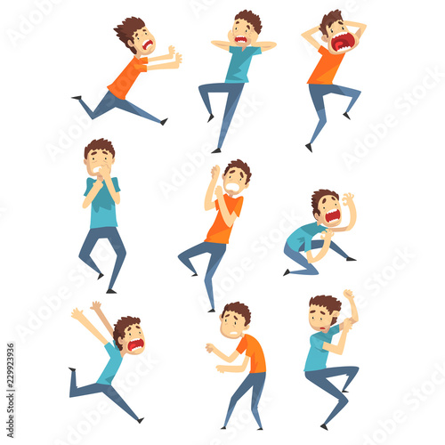 Scared and panicked young men set, emotional guys afraid of something vector Illustration on a white background