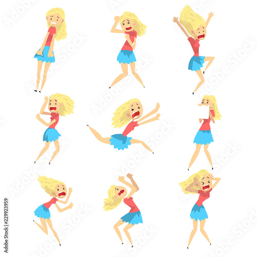 Scared and panicked blonde girl set, emotional young woman afraid of something vector Illustration on a white background