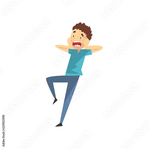 Scared and panicked young man with his hands on the face, emotional guy afraid of something vector Illustration on a white background