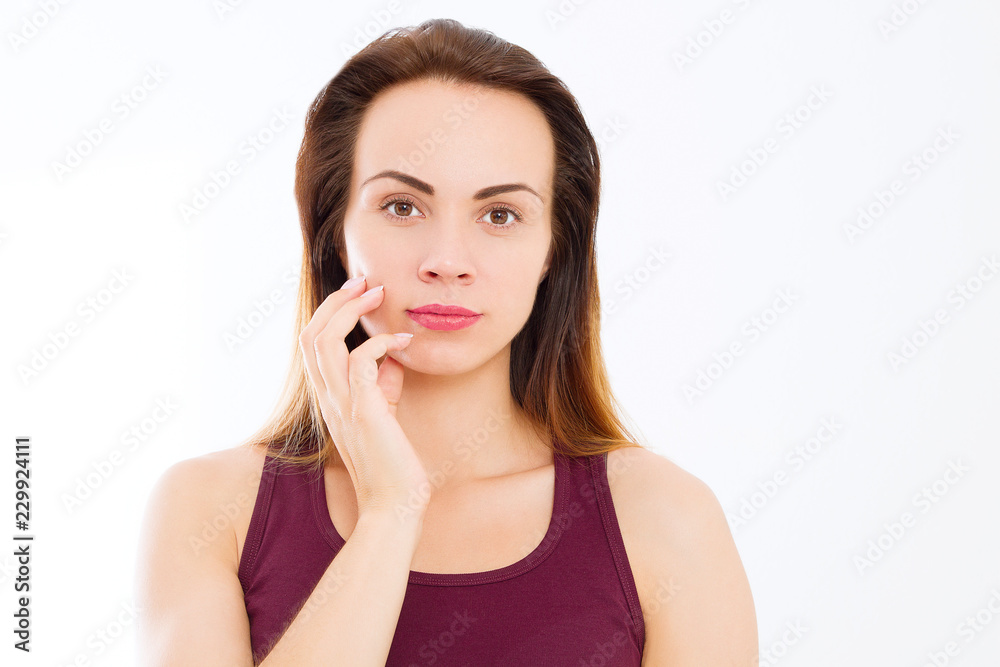 Macro Woman face with no wrinkles on forehead. Skin care and spa face beauty. Cosmetology facial treatment and anti aging concept. Copy space Macro Woman face with no wrinkles on forehead. Skin care and spa face beauty. Cosmetology facial treatment and anti aging concept. Copy space