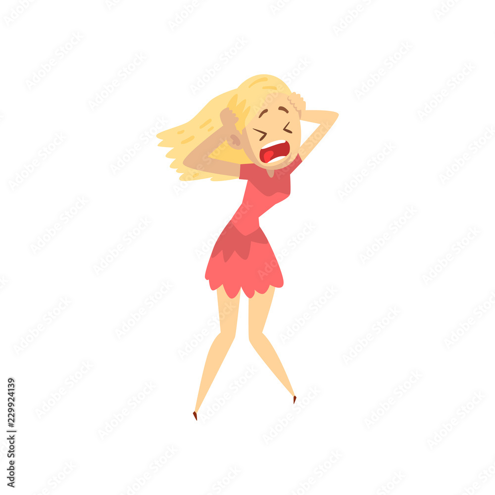 Scared and panicked girl with her hands on the head, emotional young woman afraid of something vector Illustration on a white background Scared and panicked girl with her hands on the head, emotional young woman afraid of something vector Illustration on a white background
