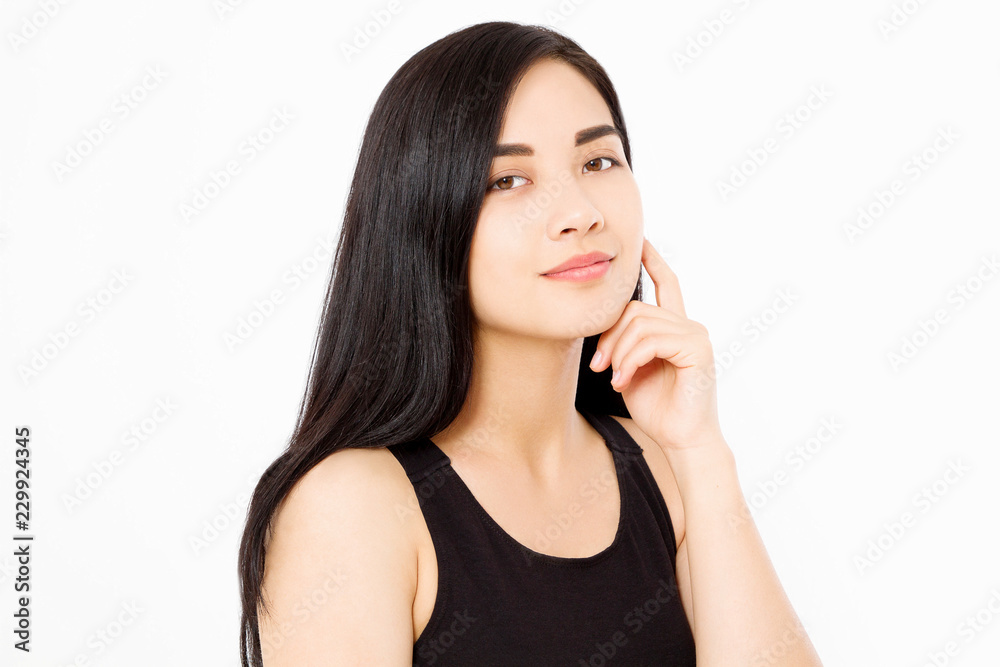 Perfect asian woman macro face and brunette clean healthy hair isolated on white background. Copy space. Skin care and makeup concept. Perfect asian woman macro face and brunette clean healthy hair isolated on white background. Copy space. Skin care and makeup concept.