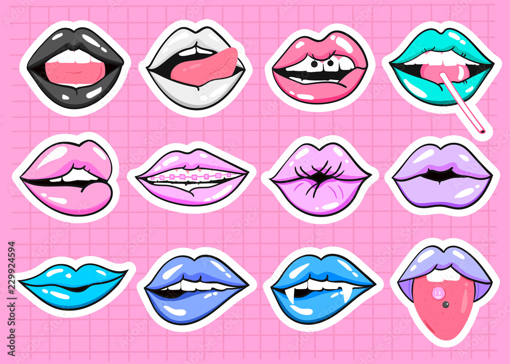 Various expressions of lips. Vector sticker set. All elements are isolated. Pink checked background