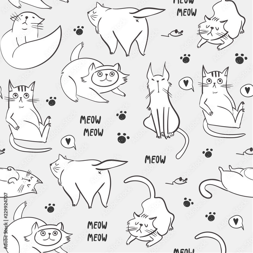 Hand drawn various cats. Graphic vector seamless pattern